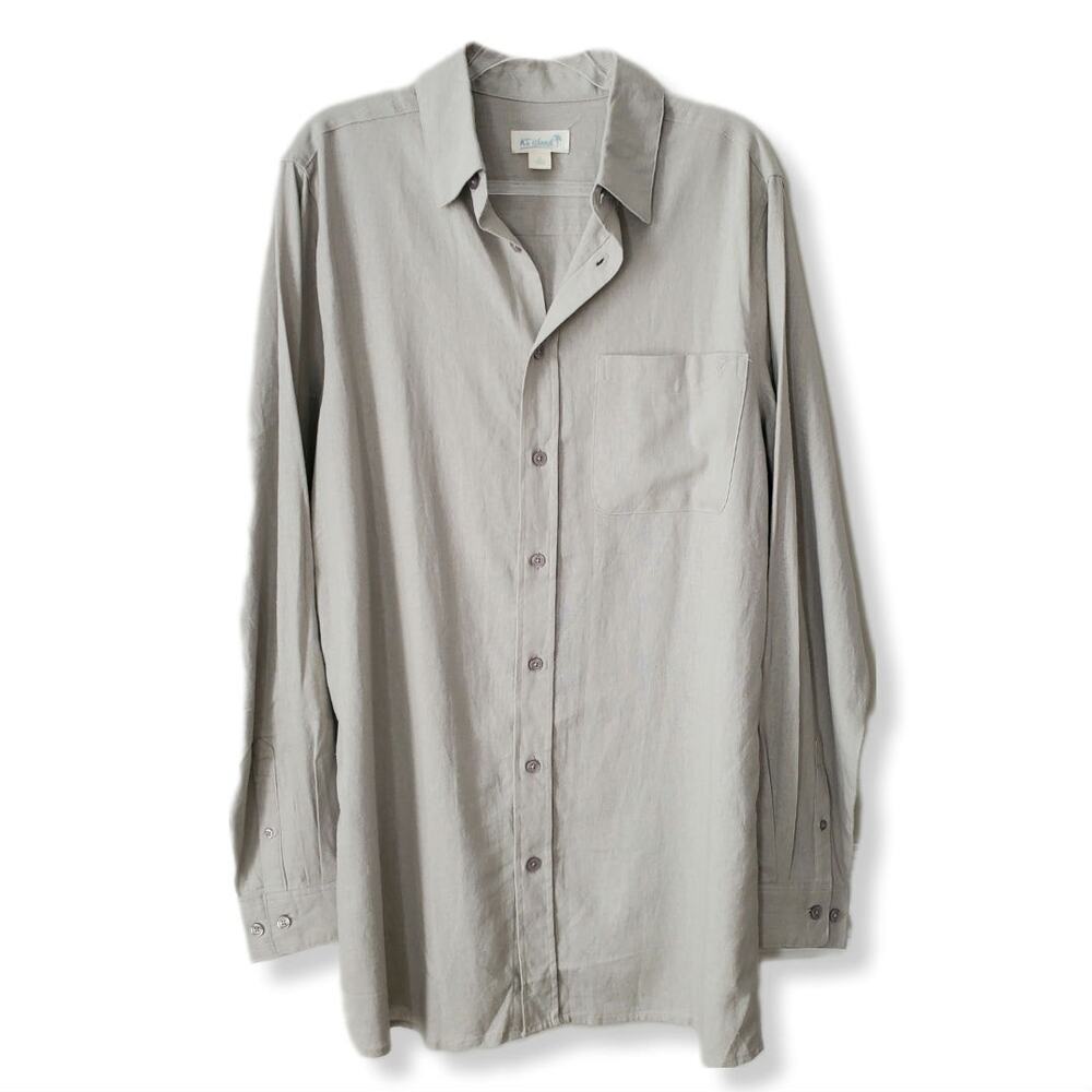 Men KS Island Beige Linen Blend Button Shirt LT Tall Beach Neutral Casual Work
